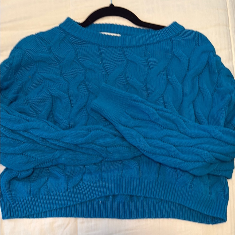 Pink Rose Blue Cable Knit Crew Neck Sweater